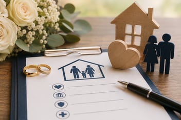 Document with stick figure family, wedding rings, bouquet, wooden heart, house, and couple. 