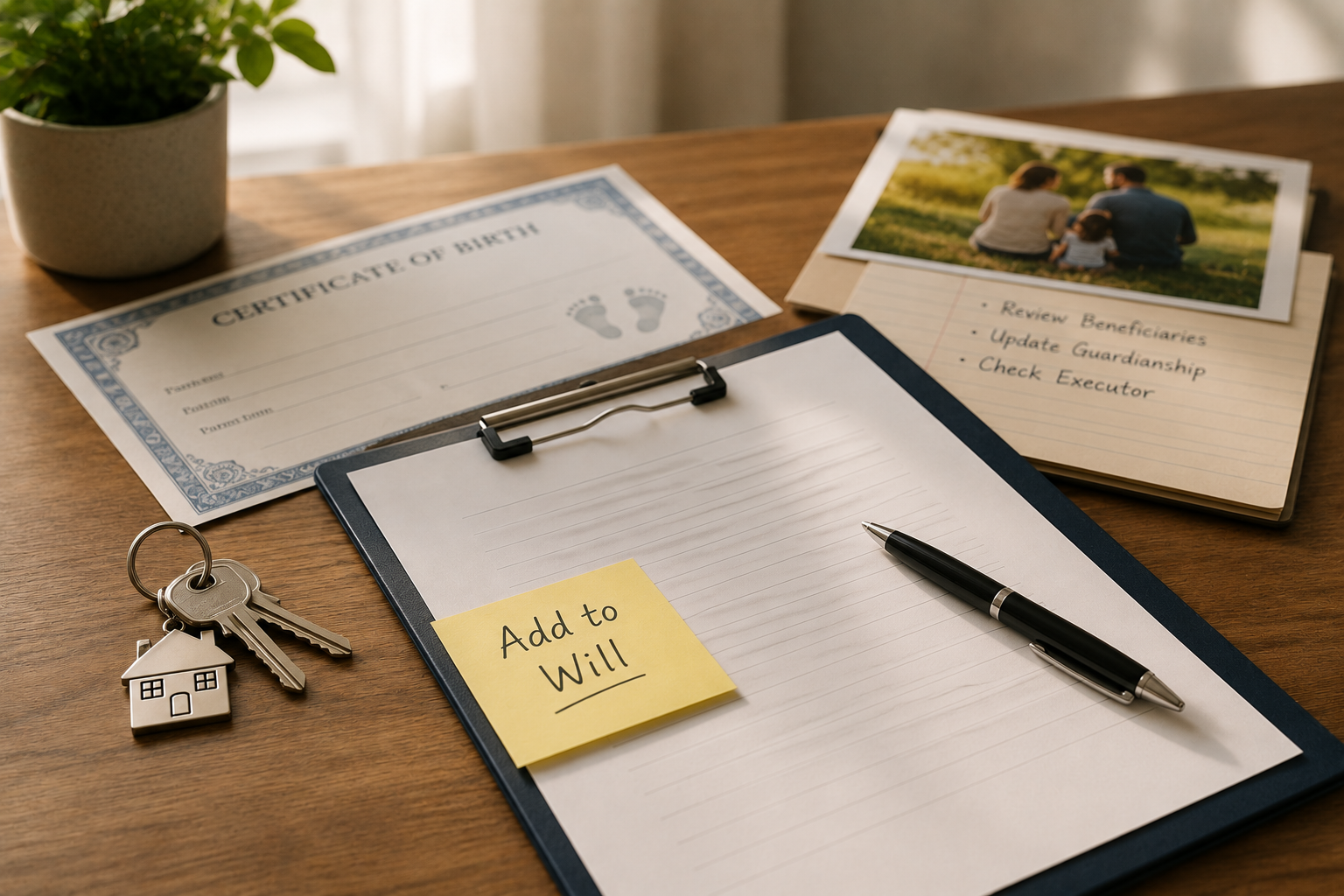 Top-down view of estate planning documents on a wooden desk with house keys, a birth certificate, a family photo, a clipboard, a pen, a notebook, and a coffee mug, symbolizing updating a will after major life events.