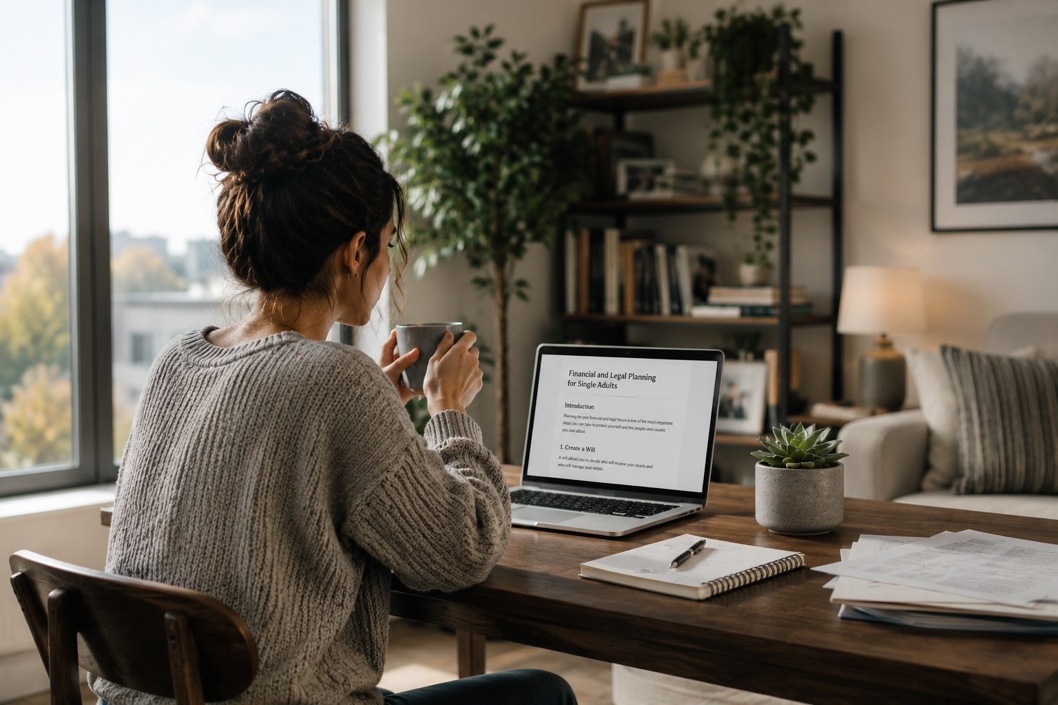 Single woman sitting at a desk in her home, reviewing financial and legal planning information on a laptop.
