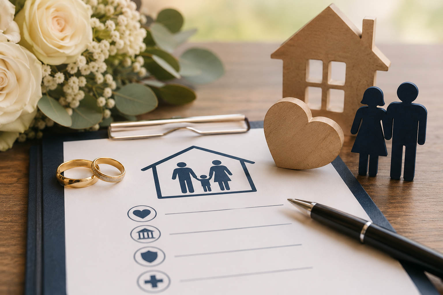 Document with stick figure family, wedding rings, bouquet, wooden heart, house, and couple. 