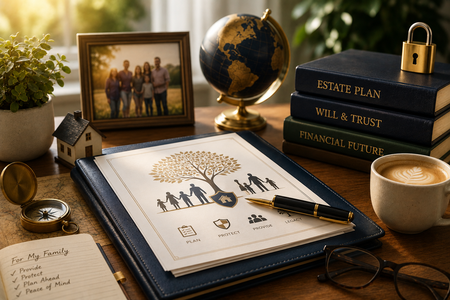 Estate planning-themed workspace featuring family photographs, a house model, legal documents, a globe, and personal keepsakes arranged on a warm wooden desk, symbolizing legacy, protection, and future planning.
